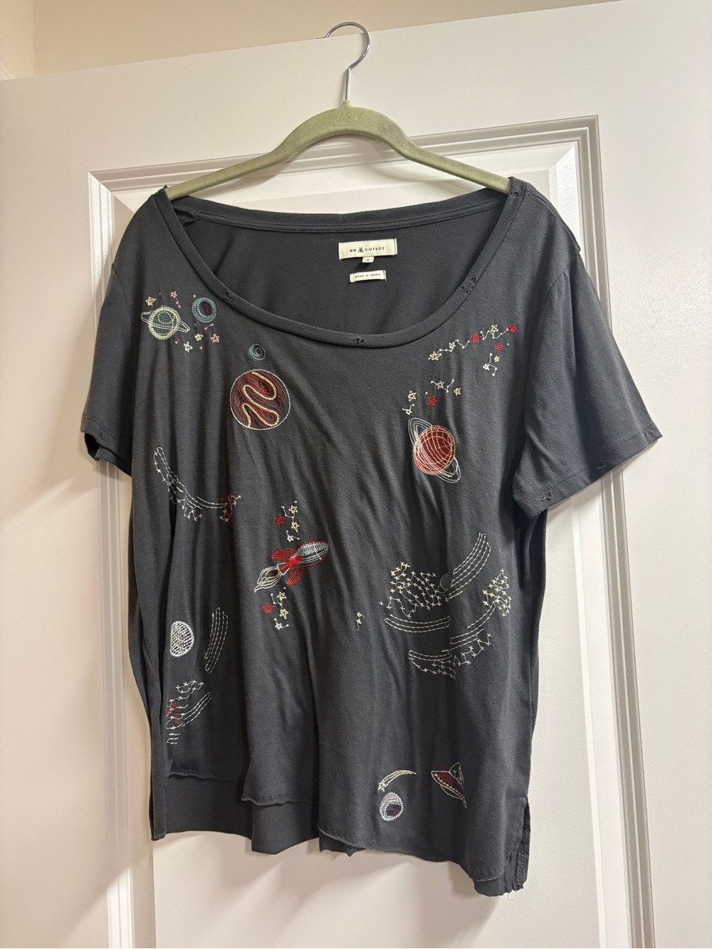 Vintage Dark Gray Short Sleeve Tee with Multicolor Space Embroidery